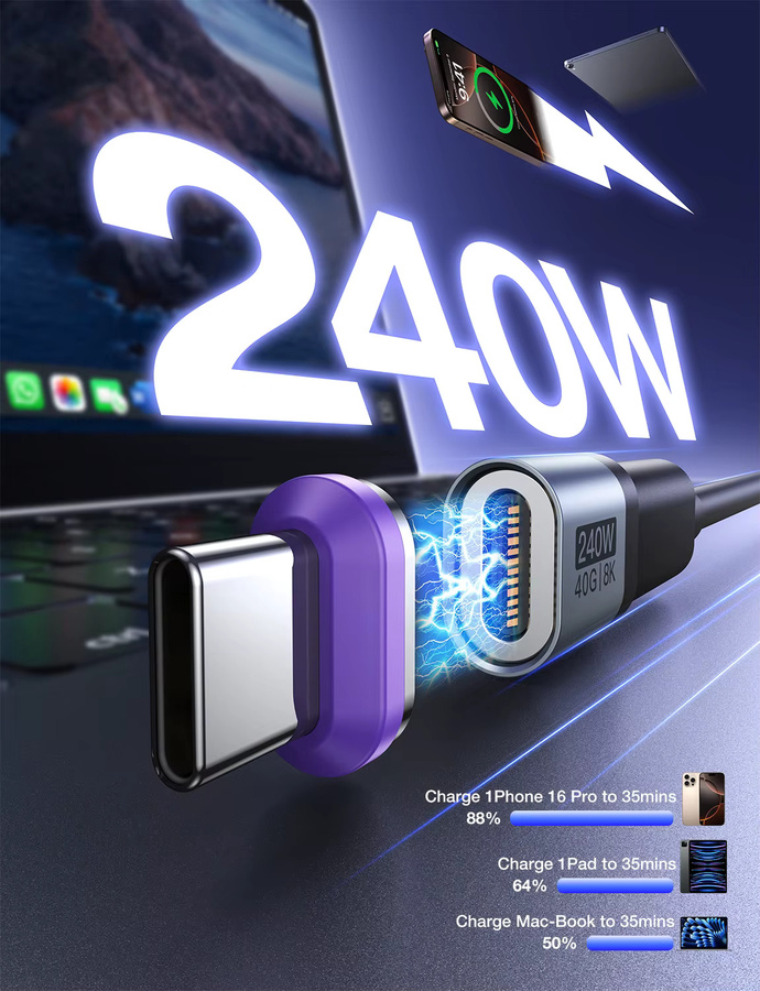 AUFU Magnetischer Typ-C-Adapter für Schnellladung und USB4 mit 40Gbps und 8K60Hz, Thunderbolt 4 kompatibel, Farbe: Silber - Bild 2