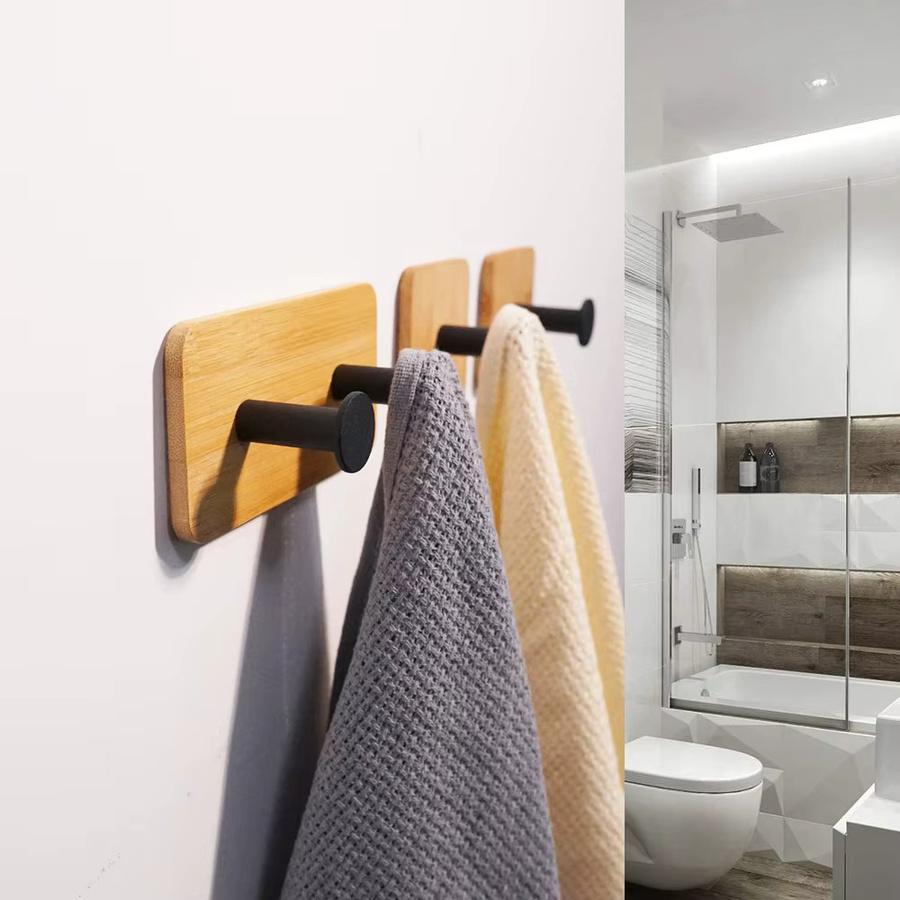Selbstklebende Wandhaken aus Holz für Küche und Bad als Organizer für Schlüssel, Handtücher und Kleidung in Schwarz oder Braun - Bild 2