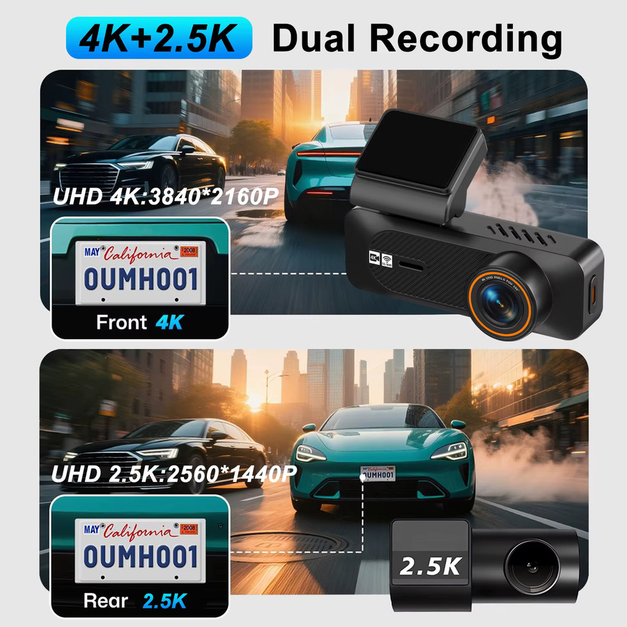 MYOLSD Dual-Objektiv Auto-Dashcam mit 4K 2160P und 2.5K 1440P Auflösung, Front- und Rückansicht, WLAN-Verbindung und 24-Stunden-Parkassistenz, Schwarz - Bild 4