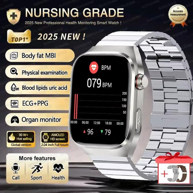 Smartwatch für Herren mit EKG, PPG Herzfrequenz, Blutfett- und Harnsäure-Messung, Bluetooth Anruffunktion und Gesundheits-Tracker in Silver Steel - Bild 1