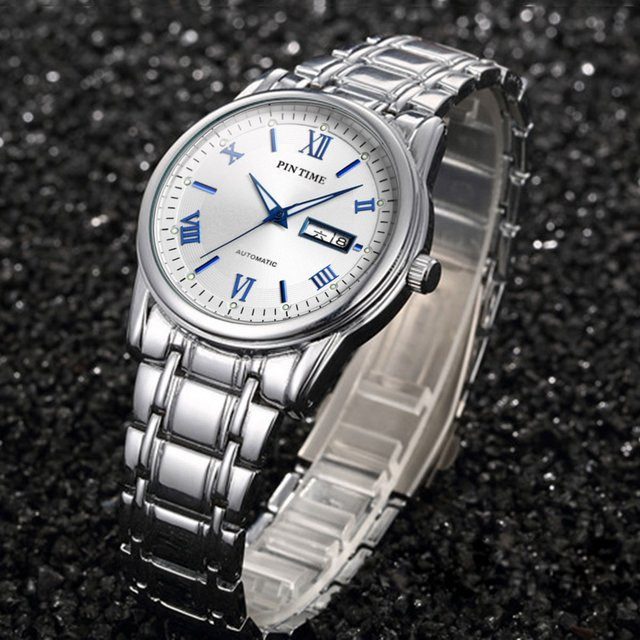 PINTIME Armbanduhr Automatik, Edelstahl, Weiß, Herren, Tag-Datum-Anzeige - Bild 1