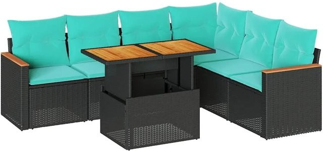 vidaXL 7-teilige Garten-Sofagarnitur aus Poly-Rattan mit Kissen in Schwarz und Blau mit Akazienholz-Elementen - Bild 1