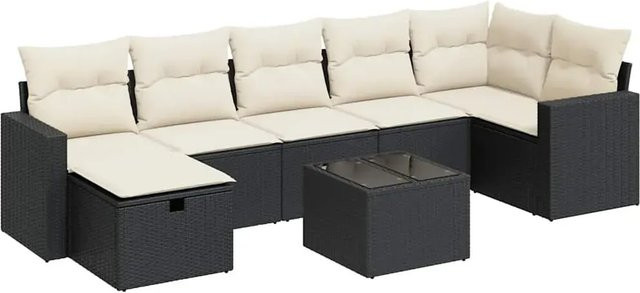 vidaXL 8-tlg. Garten-Sofagarnitur in L-Form mit Kissen und Couchtisch, Schwarz, Poly-Rattan und Metall - Bild 1