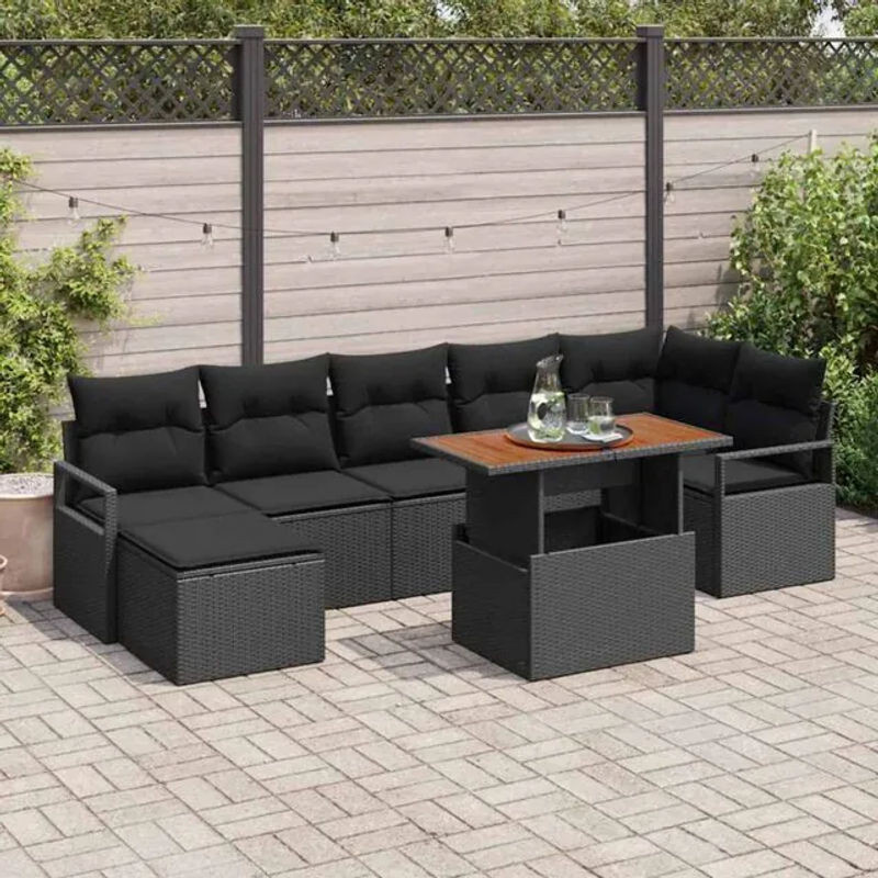 vidaXL Garten Essgruppe aus Rattan, Metall und Massivholz mit 8 Kissen in Schwarz und Braun - Bild 1
