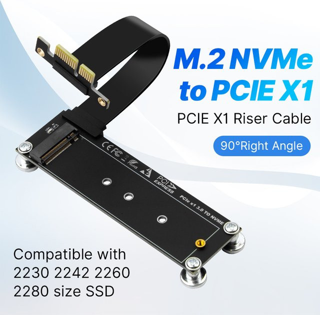 Fenvi PCI-E 3.0 x1 auf M.2 NVMe SSD Riser-Kartenadapter mit Verlängerungskabel in Schwarz für Desktop-PC - Bild 1