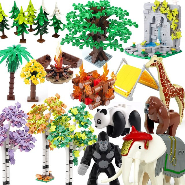 Tierwald Wildes Lagerfeuer-Zelt Elefant Giraffe Kiefer Gartenbrunnen, Bausteine - Bild 1