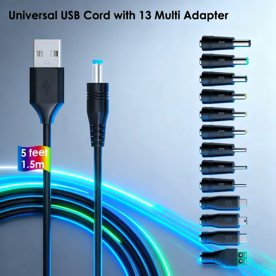 OBHO USB auf DC Ladekabel Schwarz mit 13 DC-Steckeradaptern, 1,5 m Länge, 5 V, 5,5 x 2,1 mm Klinke für Telefon, BT-Lautsprecher und Router - Bild 3
