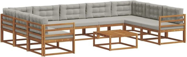vidaXL Outdoor-Sofagarnitur aus Akazienholz in L-Form mit 10-teiligem Set, Farbe: Natur und Hellgrau - Bild 1