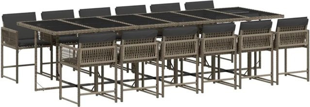 vidaXL 13-tlg Garten-Essgruppe aus Poly-Rattan mit Kissen und Hartglas in Grau - Bild 1