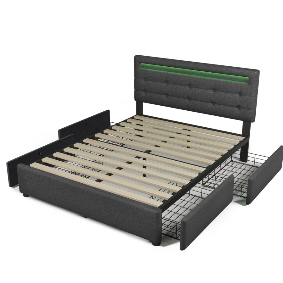 okwish Polsterbett mit LED-Beleuchtung und Schubladen in Grau für Kinderzimmer und Schlafzimmer, B/T: 140 x 200 cm - Bild 2