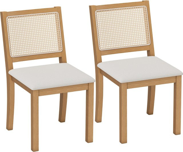 HOMCOM 2er-Set Esszimmerstühle mit Rattan-Optik und Leinenoptik-Stoff in Beige und Eiche, Gestell aus massivem Gummibaumholz - Bild 1