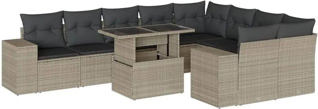 vidaXL 10-tlg. Garten-Sofagarnitur in L-Form aus Polyrattan mit Kissen in Hellgrau - Bild 1