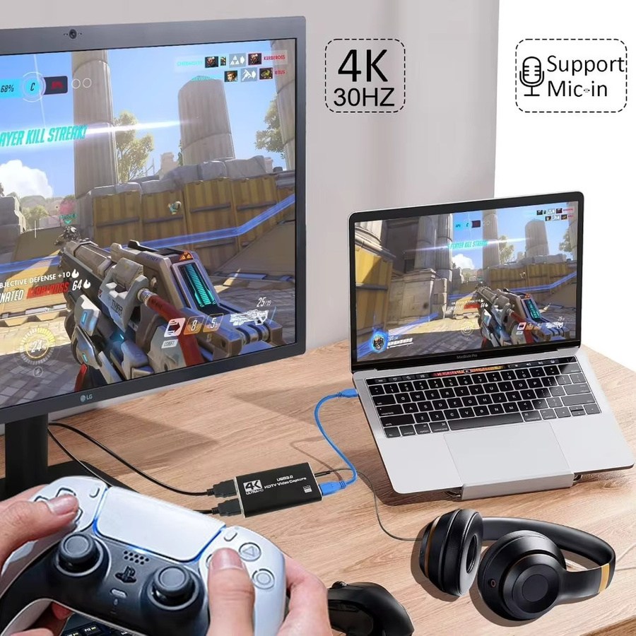 LccKaa 4K USB 3.0 Video Capture Card in Schwarz, HDMI HD Live Video Recorder Grabber für PC, PS4 und OBS zur Spielaufnahme mit Audio- und Mikrofon-Unterstützung - Bild 4
