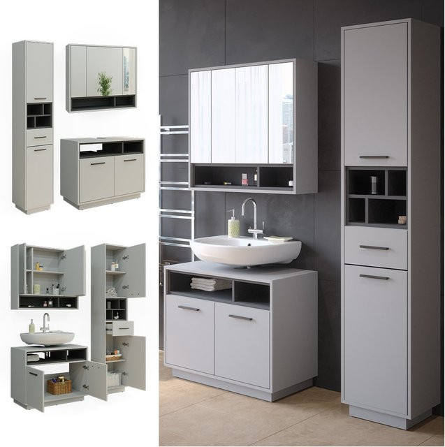 Vicco Badmöbel-Set Beatrice in Grau und Anthrazit, modernes 3-teiliges Badezimmer-Set bestehend aus Spiegelschrank, Waschtischunterschrank und Hochschrank - Bild 1