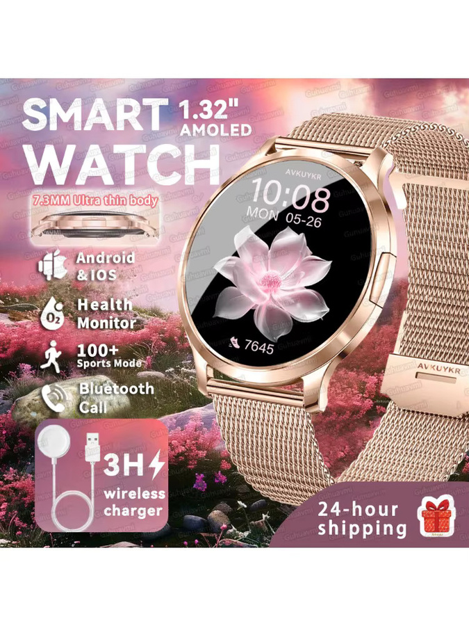 GUHUAVMI Smartwatch, Schwarz, Roségold, Milanaise, Unisex - Bild 6