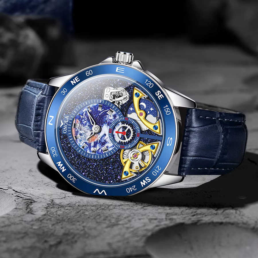 ONOLA Armbanduhr Automatik, Leder, Edelstahl, Blau, Herren - Bild 2