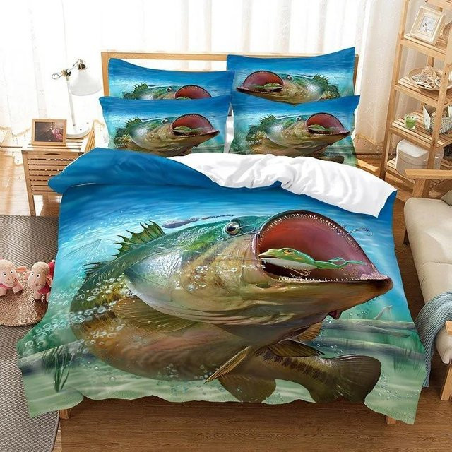 Bettbezug Set mit Hecht-Motiv von Binchi Fitness in Blau, bestehend aus Bettbezug und Kissenbezug, B/H: 200 x 200 cm - Bild 1