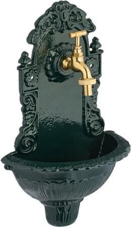 Relaxdays Wandbrunnen aus Aluminiumguss in Grün und Gold mit Wasserhahn, B/T/H: 40 x 24,5 x 15 cm