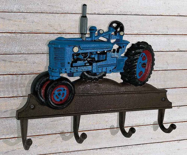 Wandgarderobe Traktor in Blau im Vintage-Landhaus-Stil aus lackiertem Gusseisen mit 4 Haken - Bild 1
