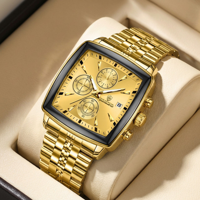BINBOND Chronograph Armbanduhr, Edelstahl, Gold, Eckig, Quarz, Herren - Bild 1