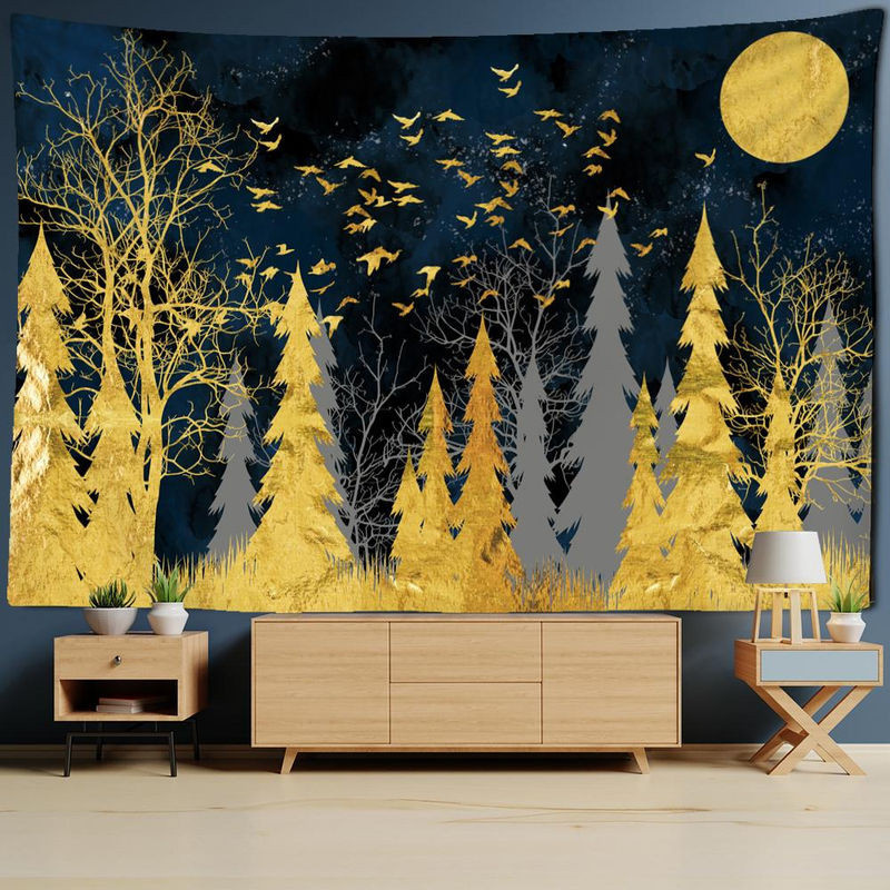 Super Six Wandteppich Sonnenaufgang im Bohème-Stil, mehrfarbige Landschafts-Tuschemalerei als hängende Textildekoration, B/H: 95 x 70 cm - Bild 1