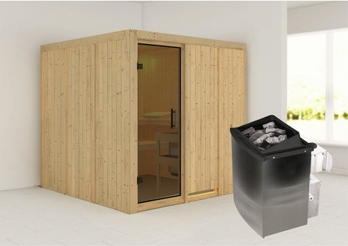 Karibu Sauna Valga aus Fichtenholz mit 9 kW Saunaofen und integrierter Steuerung für 4 Personen in Beige - Bild 1