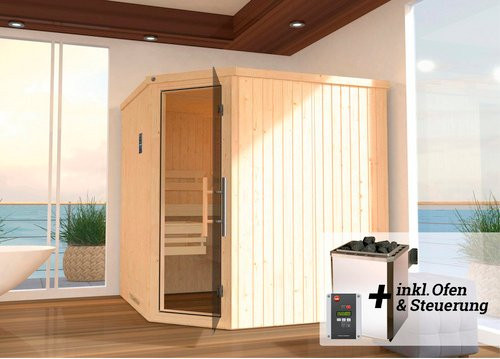 Weka Elementsauna Varberg Ecksauna mit Glastür und Fenstern in Braun inklusive 7,5 kW Sparset B/H/T: 194 x 199 x 194 cm - Bild 3