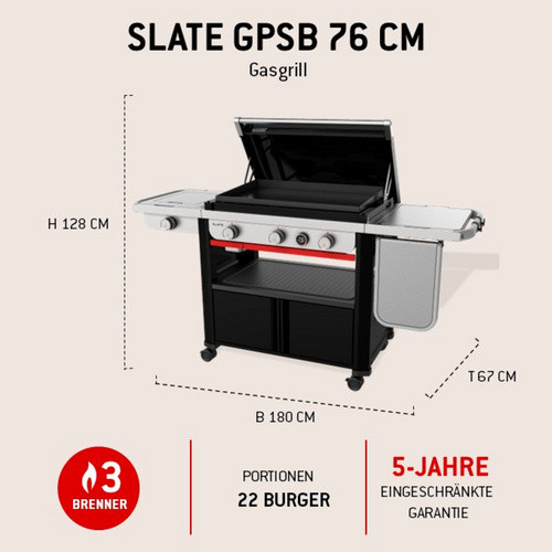 Weber Slate GPSB Premium Plancha Gasgrill schwarz mit Jet-Flame-Zündung und porzellanemaillierter Oberfläche, Breite: 76 cm - Bild 3
