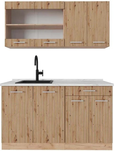 Vicco R-Line Singleküche Artisan-Eiche/Goldkraft Eiche, Breite: 140 cm, mit Marmor-Optik ohne Elektrogeräte - Bild 1