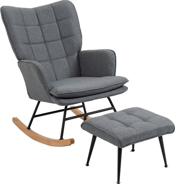 HOMCOM Schaukelstuhl mit Hocker in Leinenoptik, grauer Schwingsessel mit Armlehnen für Wohnzimmer und Schlafzimmer - Bild 1