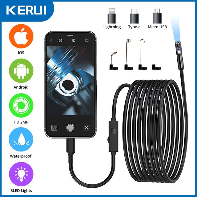KERUI Kfz-Endoskop-Inspektionskamera mit 2 MP Auflösung und 8 mm Durchmesser für iPhone iOS und Android Typ C in Schwarz - Bild 1