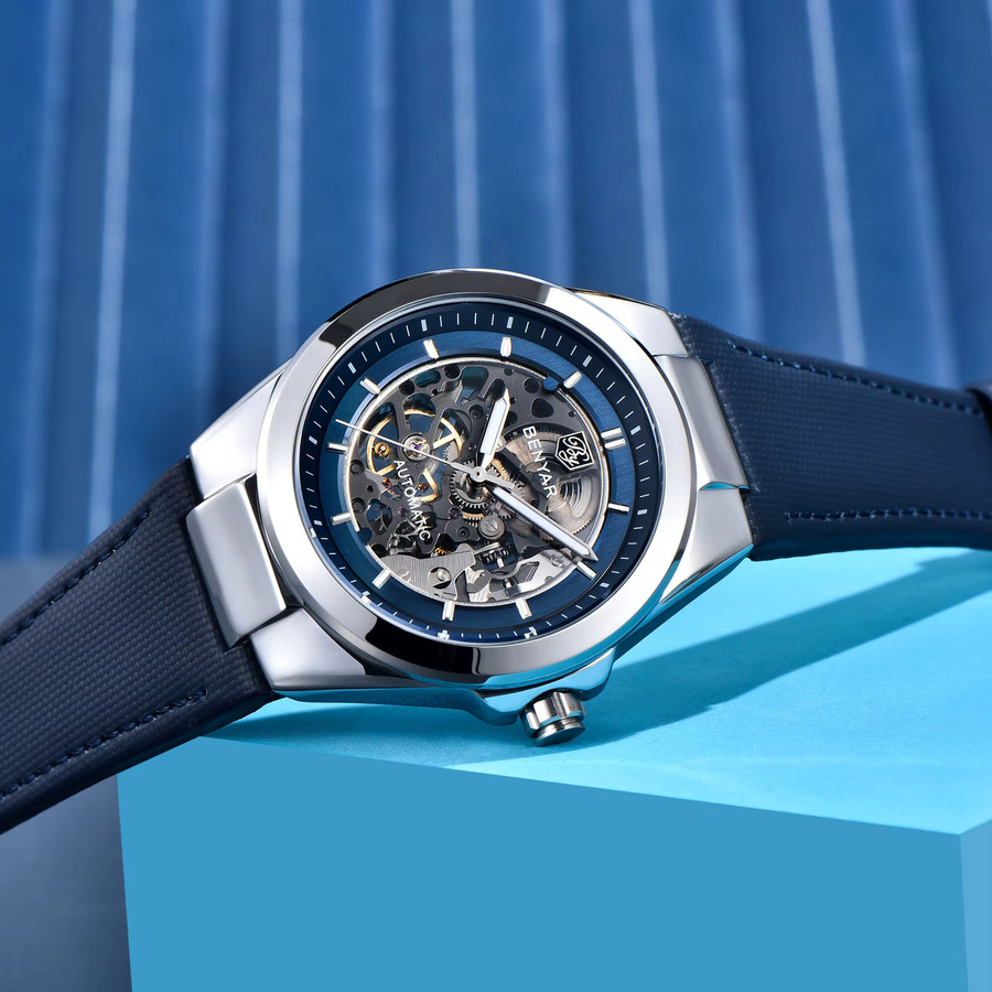 BENYAR Automatik-Armbanduhr, Herren, Lederarmband, Blau, Edelstahl - Bild 4