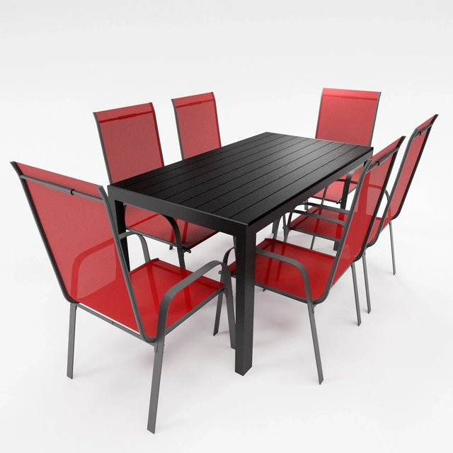 Lex Gartenmöbel Set 7-teilig mit Aluminium Tisch und 6 Stapelsesseln in Burgundrot - Bild 1