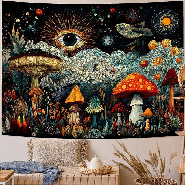 VIKAMA Wandteppich mit Pilzen und Blumen im Boho-Stil, Mehrfarbig, Rechteckig, Breite: 60 cm, Höhe: 60 cm - Bild 1