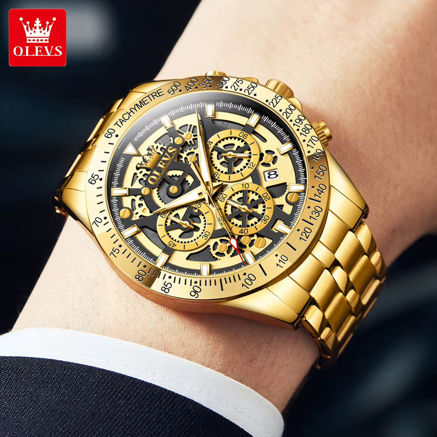 OLEVS Chronograph Armbanduhr, Edelstahl, Gold, Quarz, Herren - Bild 2