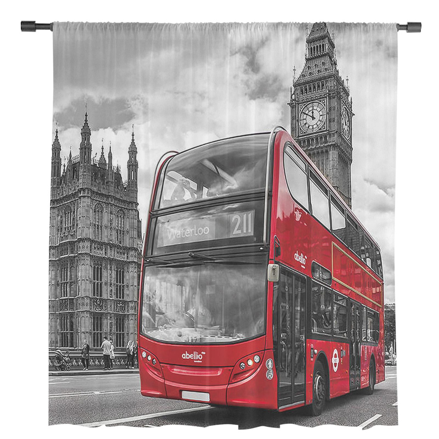 London Street Transparente Vorhänge mit Roter Bus und Big Ben Motiv aus Tüll, Voile und Organza, B: 135 cm, H: 115 cm - Bild 3