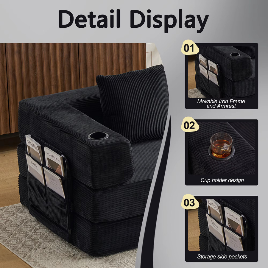 Vankel Modulares Cord-Bodensofa in Schwarz mit Getränkehalter und Aufbewahrungstasche, Wandelbare Eckcouch für das Wohnzimmer - Bild 4