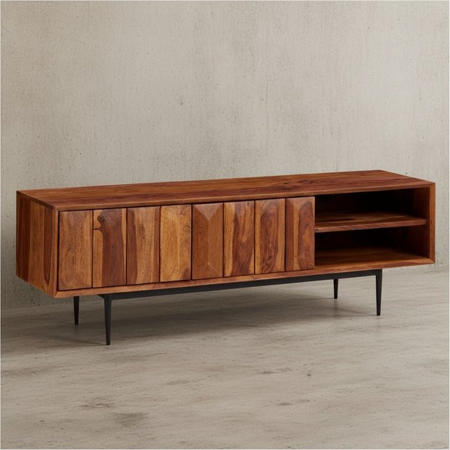 KADIMA DESIGN TV-Kommode aus Sheesham-Massivholz in Braun mit Edelstahlbeinen und Push-to-Open Funktion, B/T/H: 123 x 42 x 35 cm - Bild 1
