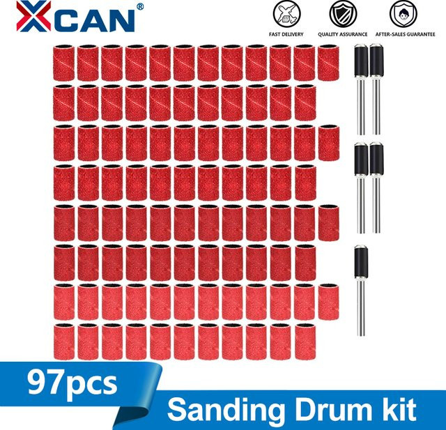 XCAN 97-teiliges Schleiftrommel-Set mit Schleifbändern und Schleifdorne für elektrische Mini-Winkelschleifer, Körnung 60/120/240/320 - Bild 1