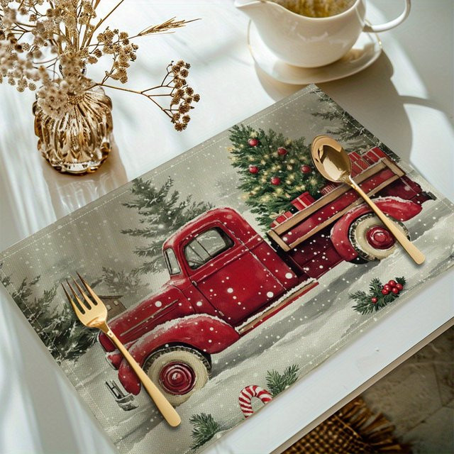 VIKAMA 4-teiliges Weihnachts-Tischset mit LKW-Schneeszene, buntes Platzset-Set für die Feiertagsdekoration - Bild 1