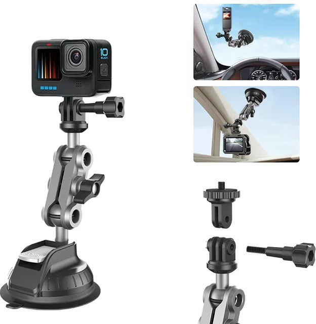 Leistungsstarke Saugnapf-Autohalterung in Schwarz für Insta360 und GoPro Action Kameras zur Befestigung am Armaturenbrett - Bild 1