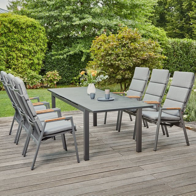 Siena Garden Savona/Miros Garten-Essgruppe aus Alu, Teak und Spraystone in Matt Graphit/Grau mit ausziehbarem Tisch und 6 Stapelsesseln, Tisch B: 180 bis 240 cm, B: 90 cm, H: 76 cm - Bild 1
