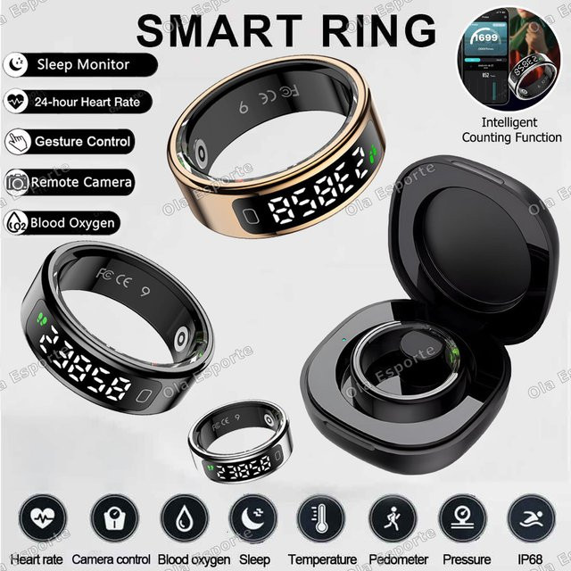 Ola Esporte Smart Ring 2026 mit Display und Touchfunktion, Gesundheitsmanager und IP68 Wasserdicht, Unisex, Gold oder Schwarz - Bild 1