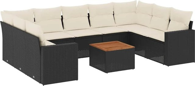 vidaXL 10-tlg. Garten-Sofagarnitur in L-Form aus Polyrattan mit Kissen in Schwarz-Creme - Bild 1