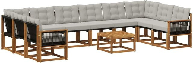 vidaXL Outdoor-Sofagarnitur aus Massivholz Akazie mit Textilene Stoff und Kissen, 11-teilig, Natur und Hellgrau - Bild 1