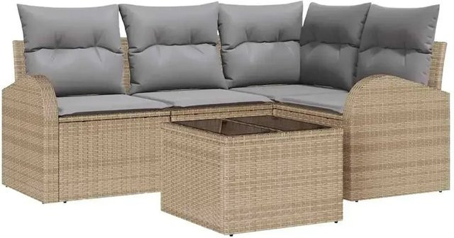 vidaXL Garten-Sofa-Set aus Polyrattan in Beige mit 5 Teilen, L-Form mit Eckelement, Couchtisch und Kissen für Garten, Balkon oder Terrasse - Bild 1