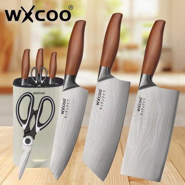 WXCOO Edelstahl Kochmesser mit Laser Damaskus Muster in Silber und Holzgriff - Bild 1