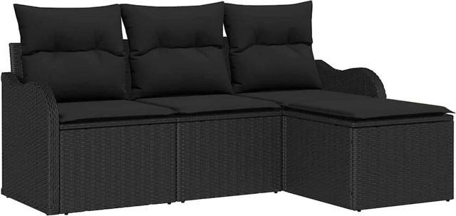 vidaXL Garten-Sofa-Set aus Poly-Rattan in Schwarz, 4-teiliges L-Shape Lounge-Set mit Polsterkissen und Fußhocker - Bild 1