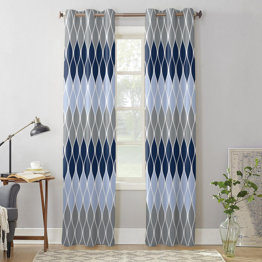 Super Six Fenster-Vorhang mit Volant in Blau und Grau, Geometrisches Design, halbtransparent, Breite: 135 cm, Höhe: 60 cm - Bild 1