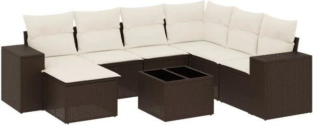 vidaXL 8-teilige Garten-Sofagarnitur in L-Form aus braunem Poly-Rattan mit cremeweißen Kissen und pulverbeschichtetem Stahlgestell - Bild 1